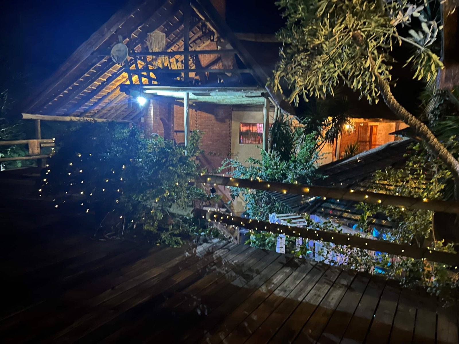 Deck with string lights at night