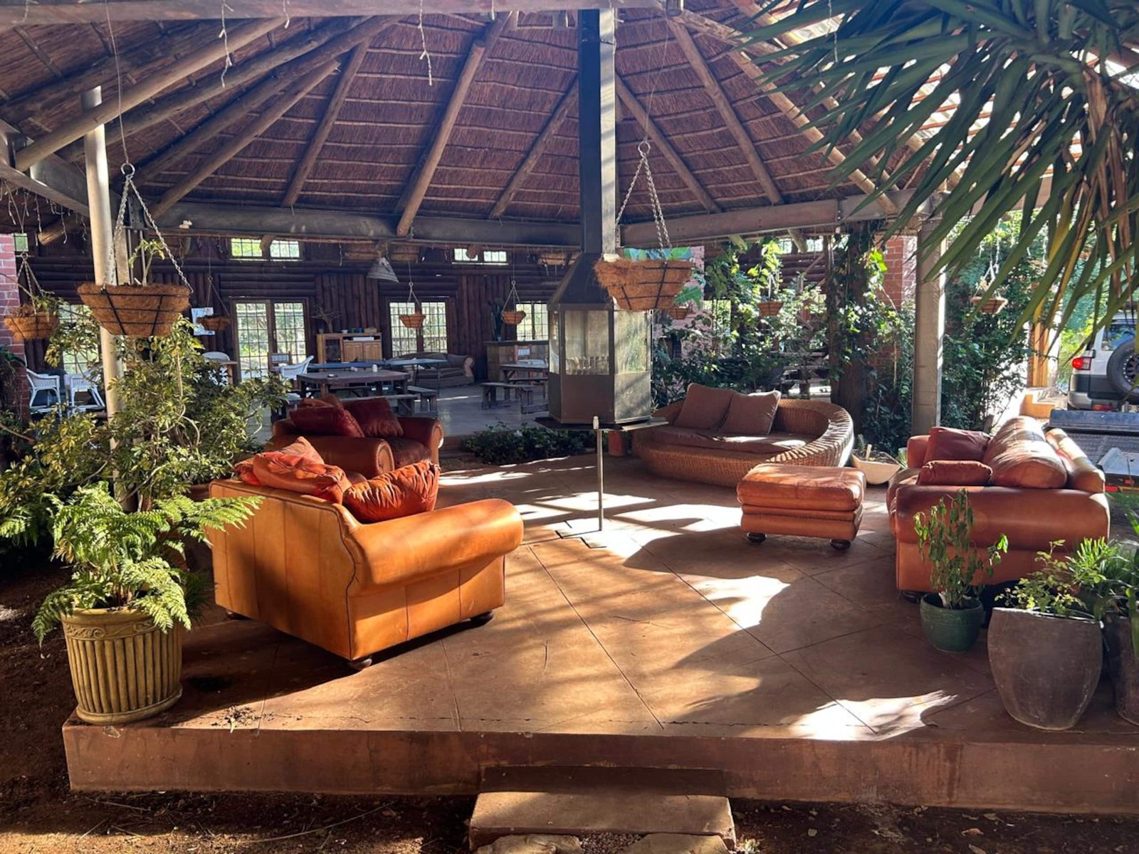 Leather couches in the outdoor lounge